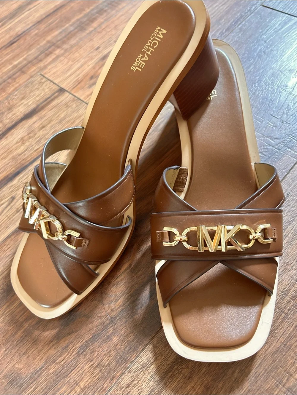 MICHAEL Michael Kors Brown Leather Logo Chain Slide Mules - Picture 1 of 5